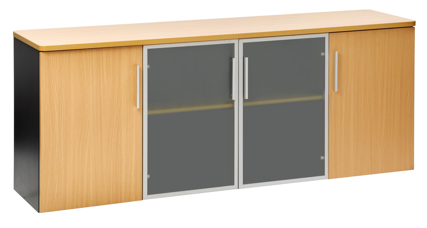 EMERGE OFFICE CREDENZA 1800Wx450D IRONSTONE FRAME WITH BEECH TOP AND 4 DOORS - 2 BEECH PLUS 2 GLASS