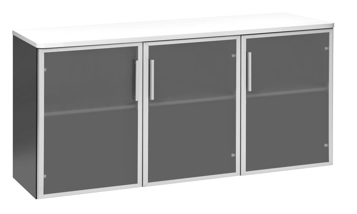 EMERGE OFFICE CREDENZA 1500Wx450D IRONSTONE FRAME WHITE TOP AND 3 GLASS DOORS