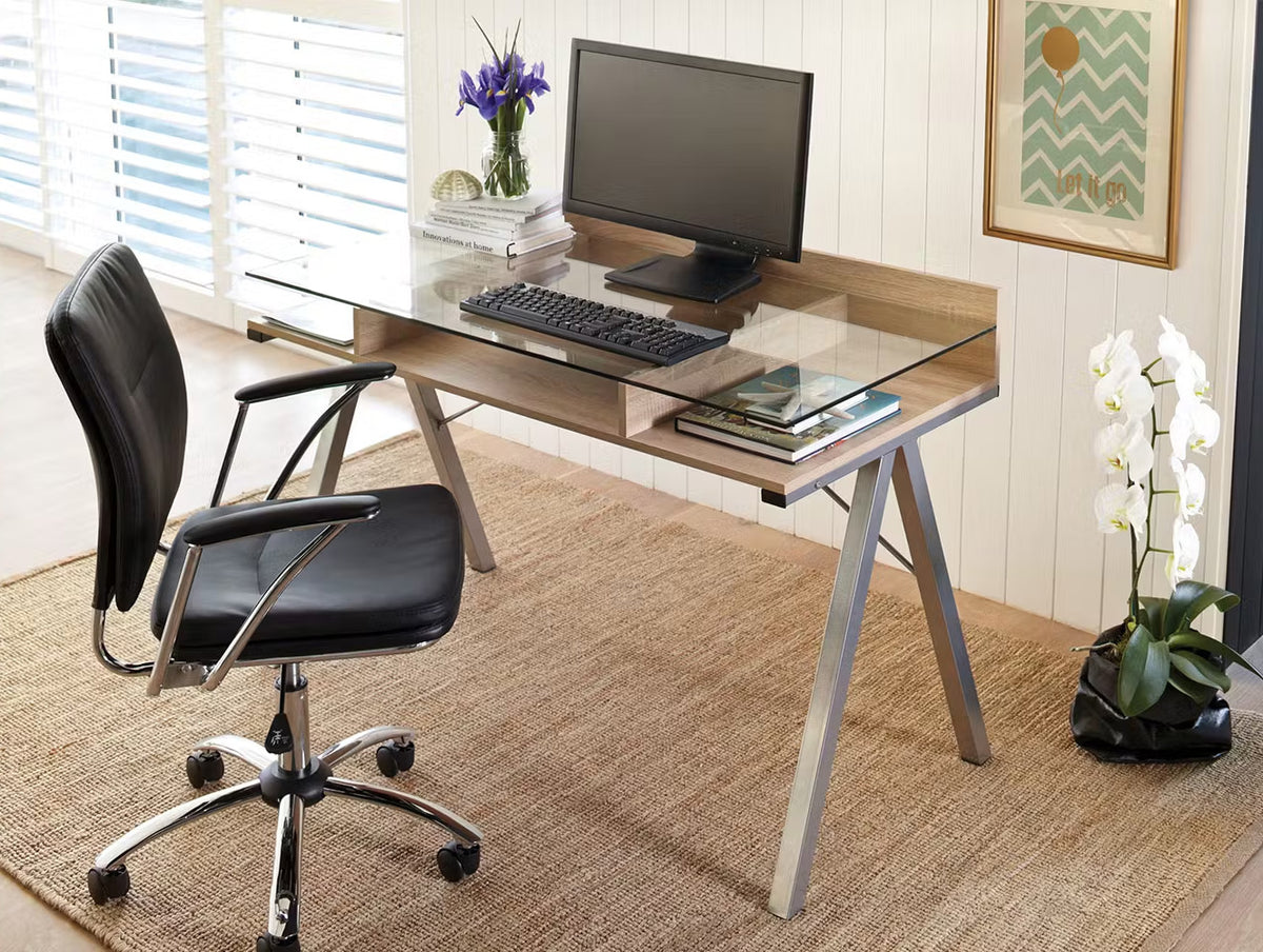 DUO DESK IN LIGHT OAK WITH GLASS TOP 1200Wx600Dx820H