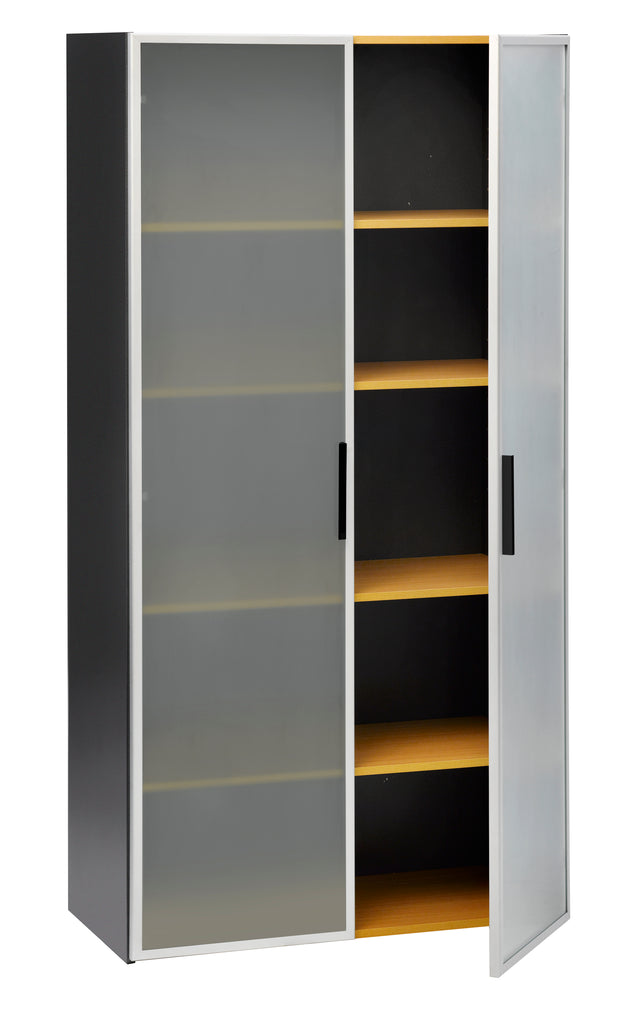 PULSE OFFICE STORAGE CUPBOARD IRONSTONE FRAME WITH BEECH SHELVES AND 2 FULL HEIGHT GLASS DOORS