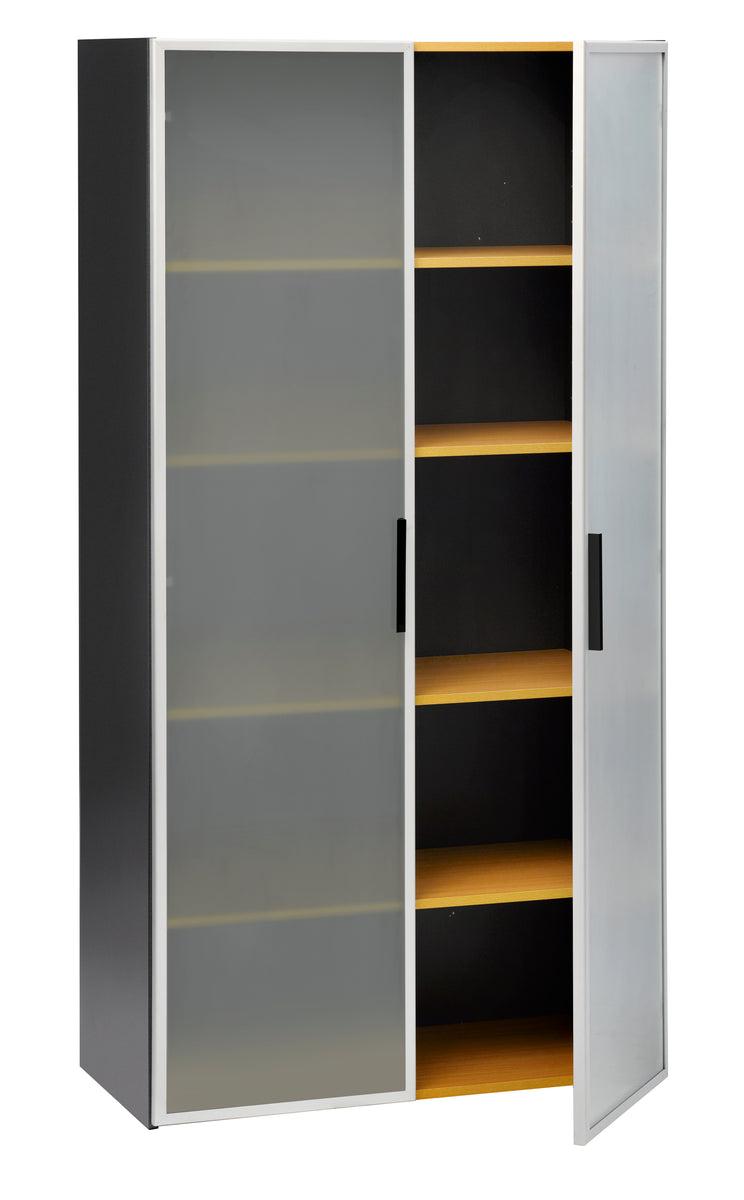 PULSE OFFICE STORAGE CUPBOARD IRONSTONE FRAME WITH BEECH SHELVES AND 2 FULL HEIGHT GLASS DOORS