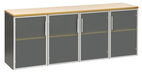 PULSE OFFICE CREDENZA 1800Wx450D IRONSTONE FRAME BEECH TOP AND 4 GLASS DOORS
