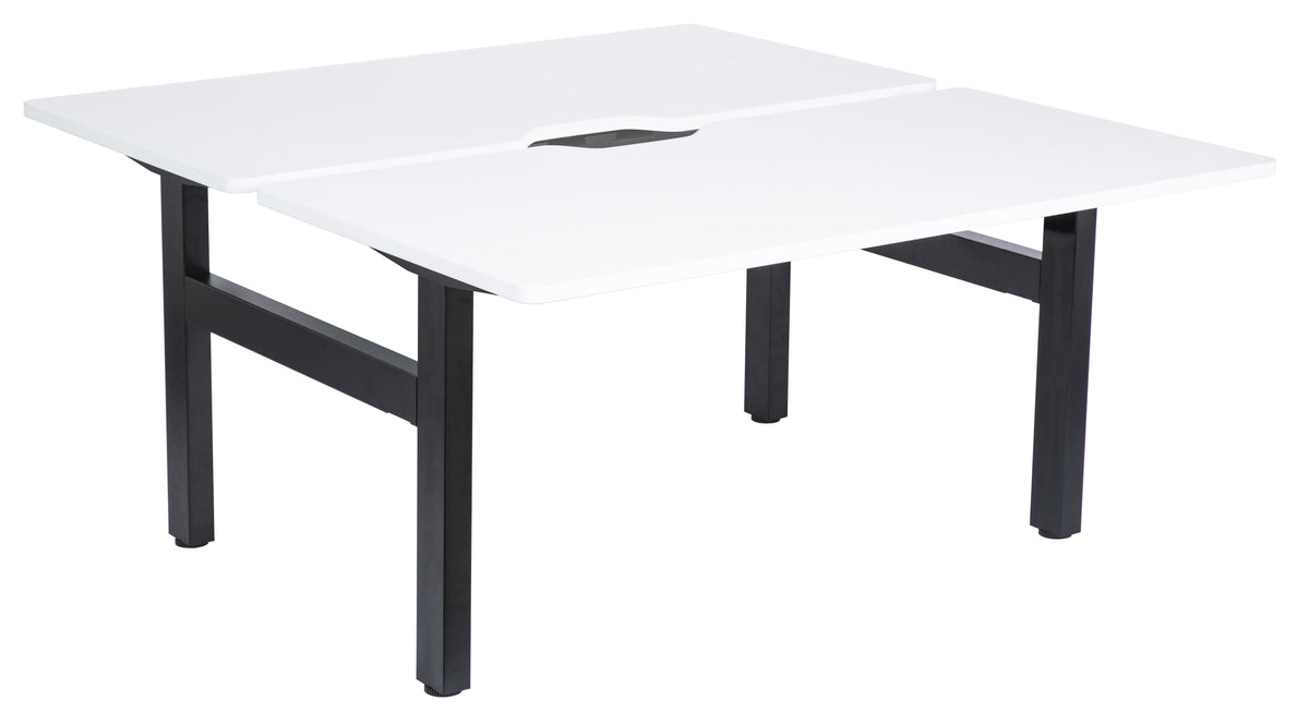 EMERGE FIXED HEIGHT BACK TO BACK DESK 1500W X 750D BLACK FRAME WHITE SCALLOP TOPS