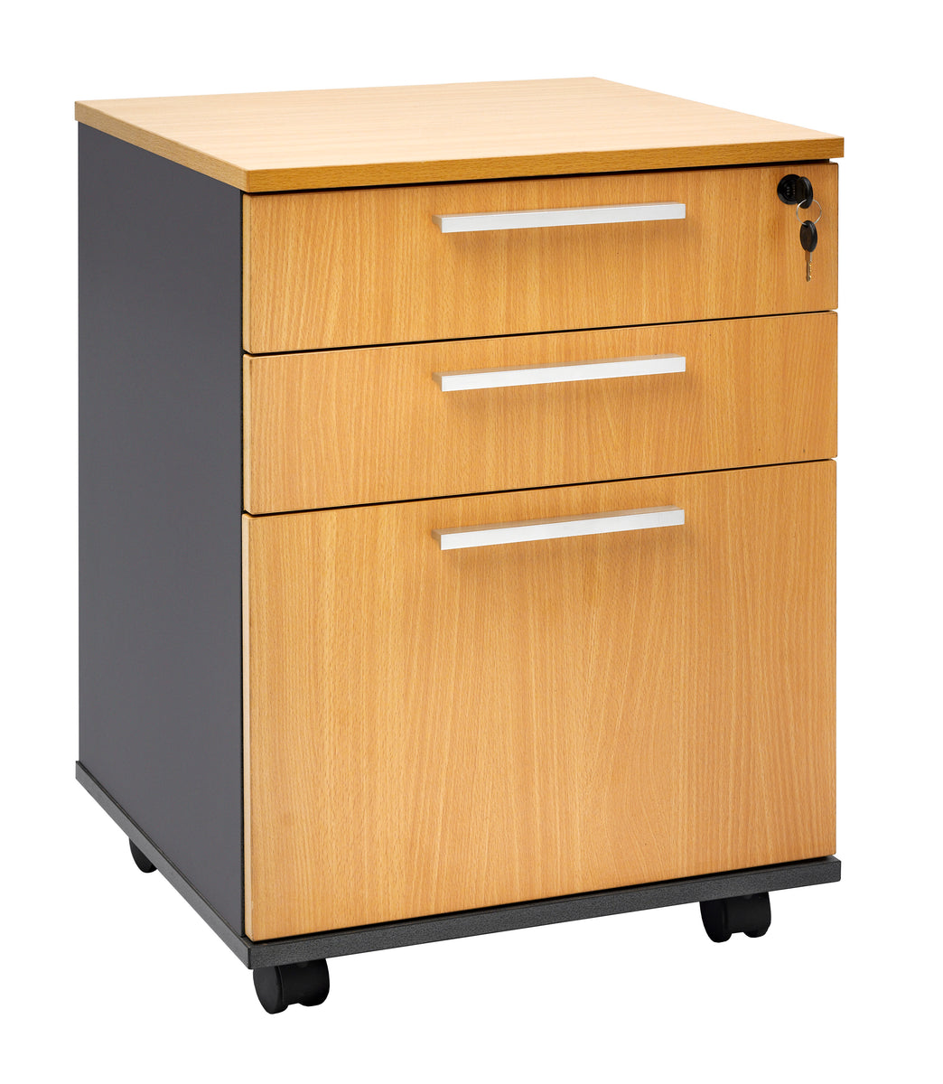 PULSE OFFICE MOBILE WITH 2 PEN DRAWER & 1 FILE DRAWER - IRONSTONE FRAME BEECH TOP & FRONT