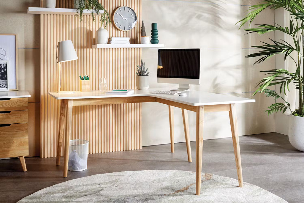 DENMARK HOME OFFICE CORNER DESK WITH WHITE TOP AND SOLID ASH LEGS 1500Wx600D