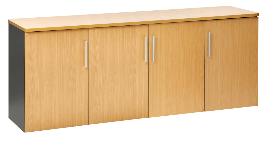 EMERGE OFFICE CREDENZA 1800Wx450D WOOD DOORS x4 IRONSTONE FRAME BEECH TOP AND DOORS