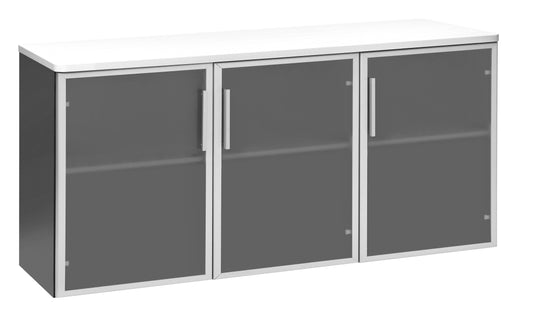 PULSE OFFICE CREDENZA 1500Wx450D IRONSTONE FRAME WHITE TOP AND 3 GLASS DOORS