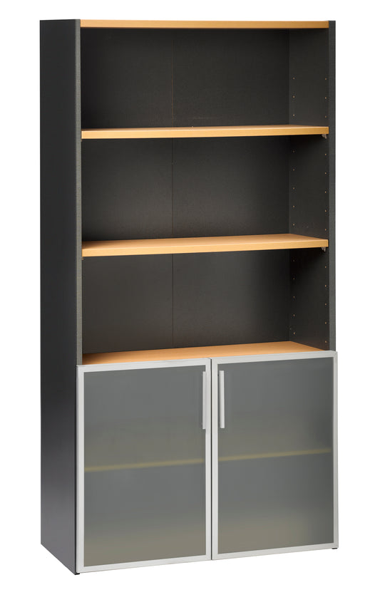 EMERGE OFFICE STORAGE CUPBOARD IRONSTONE FRAME WITH BEECH SHELVES AND 2 HALF HEIGHT GLASS DOORS COVERING THE TWO LOWER SHELVES