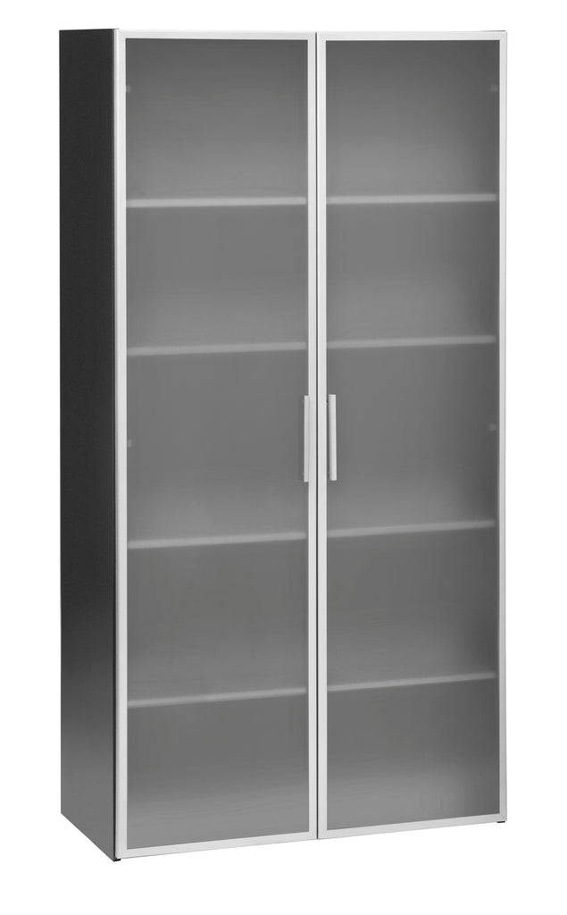 EMERGE OFFICE STORAGE CUPBOARD IRONSTONE FRAME WITH WHITE SHELVES AND 2 FULL HEIGHT GLASS DOORS