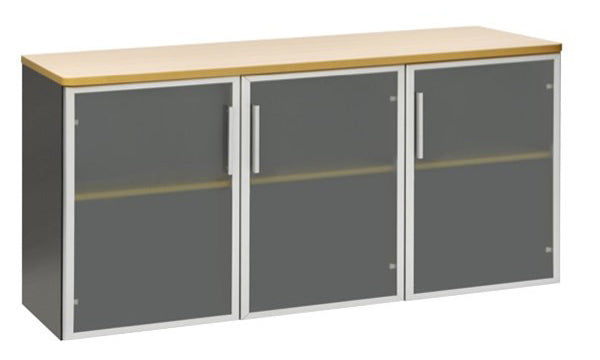 EMERGE OFFICE CREDENZA 1500Wx450D IRONSTONE FRAME BEECH TOP AND 3 GLASS DOORS