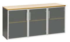 EMERGE OFFICE CREDENZA 1500Wx450D IRONSTONE FRAME BEECH TOP AND 3 GLASS DOORS