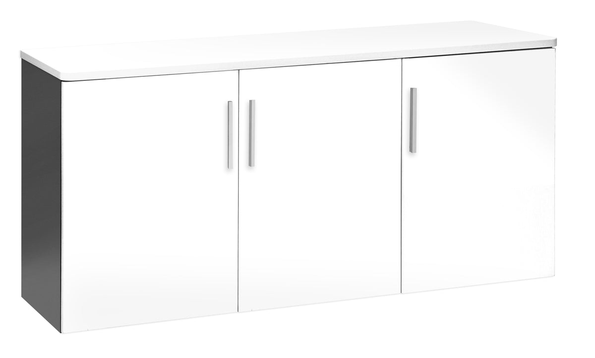 EMERGE OFFICE CREDENZA 1500Wx450D WOOD DOORS x3 IRONSTONE FRAME WHITE TOP AND DOORS