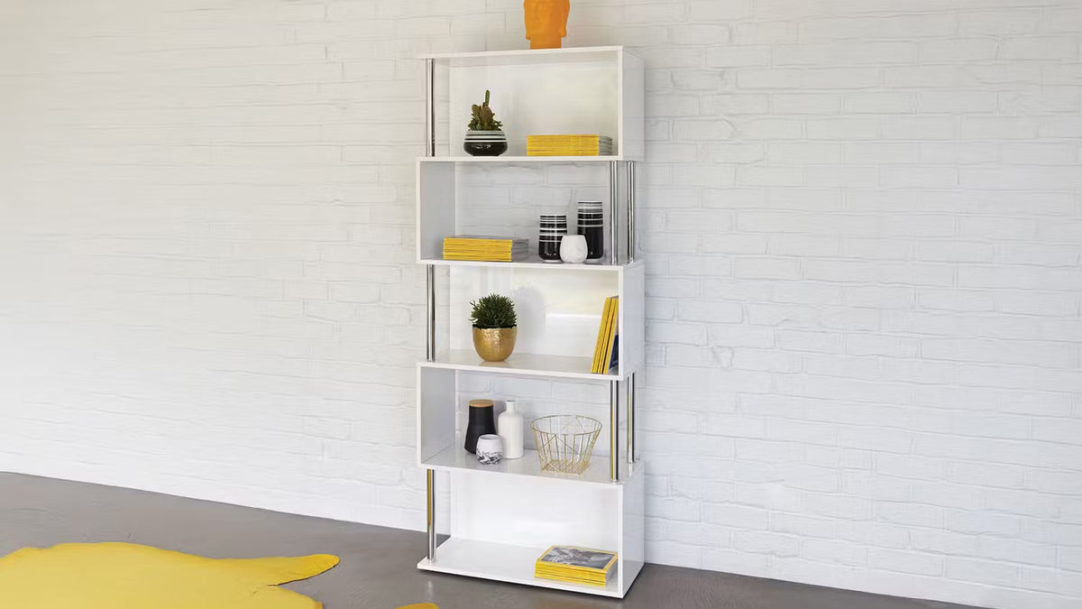 SWIVEL BOOKCASE OR SHELF IN WHITE WITH CHROME ACCENTS