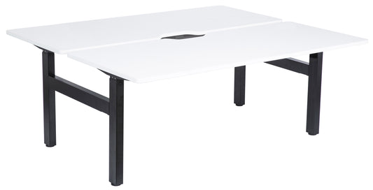 EMERGE FIXED HEIGHT BACK TO BACK DESK 1800W X 800D BLACK FRAME WHITE SCALLOP TOPS