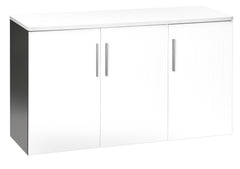 EMERGE OFFICE CREDENZA 1200Wx450D WOOD DOORS x3 IRONSTONE FRAME WHITE TOP AND DOORS