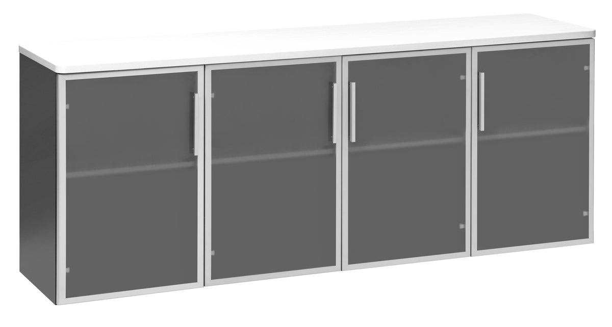 PULSE OFFICE CREDENZA 1800Wx450D IRONSTONE FRAME WHITE TOP AND 4 GLASS DOORS