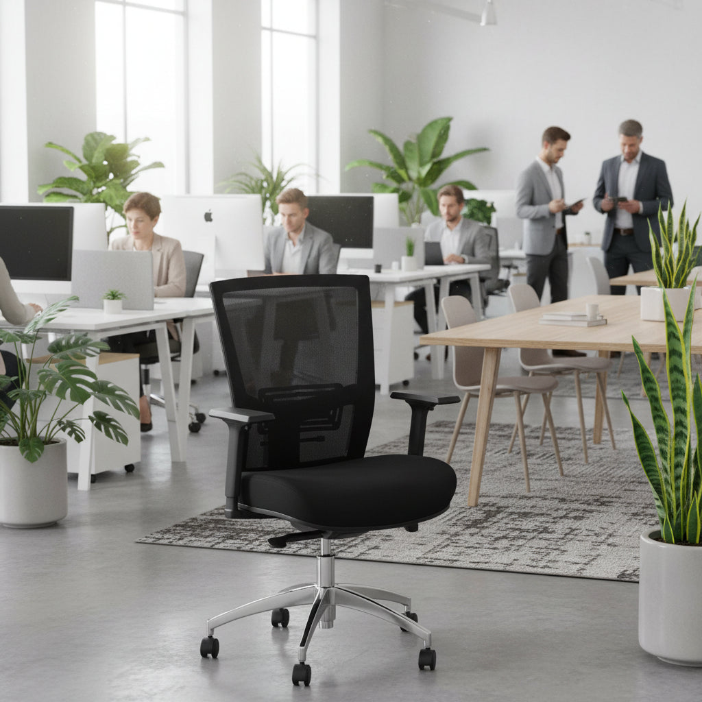 Jasper J BreatheX Black office chair with mesh backrest in an AI generated office scene background