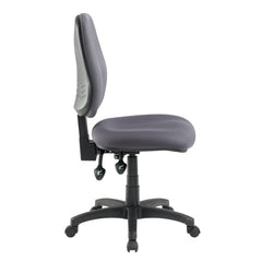 Jasper J Advance Charcoal coloured 3 lever office chair with black star base on castors and white background. Side view