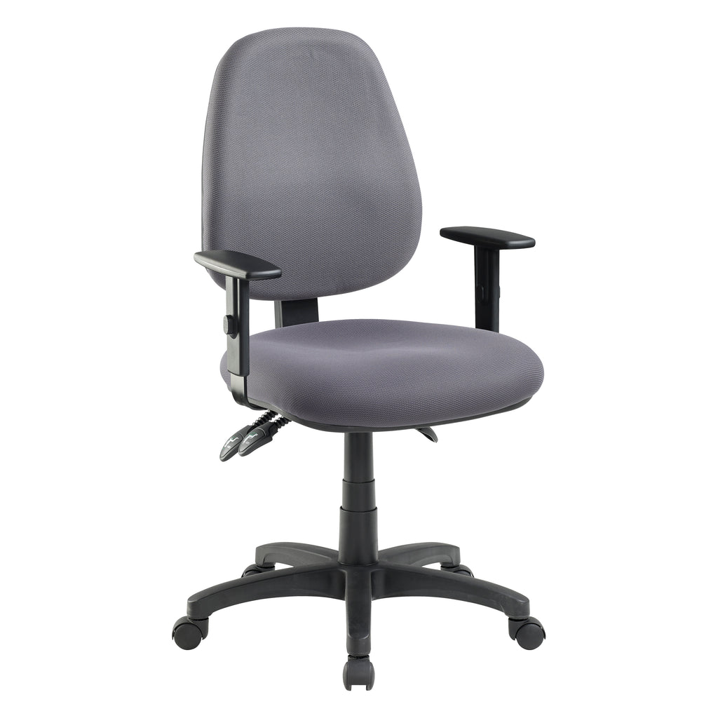 A charcoal-coloured, foam high-back ergonomic office chair with adjustable arms, a contoured seat and a star base with castors. Front three quarter view.
