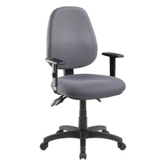 A charcoal-coloured, foam high-back ergonomic office chair with adjustable arms, a contoured seat and a star base with castors. Front three quarter view.