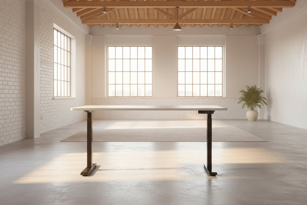 A height adjustable sit stand desk with a white rectangular desktop and black metal frame, shown against an AI background as a tidy warehouse setting