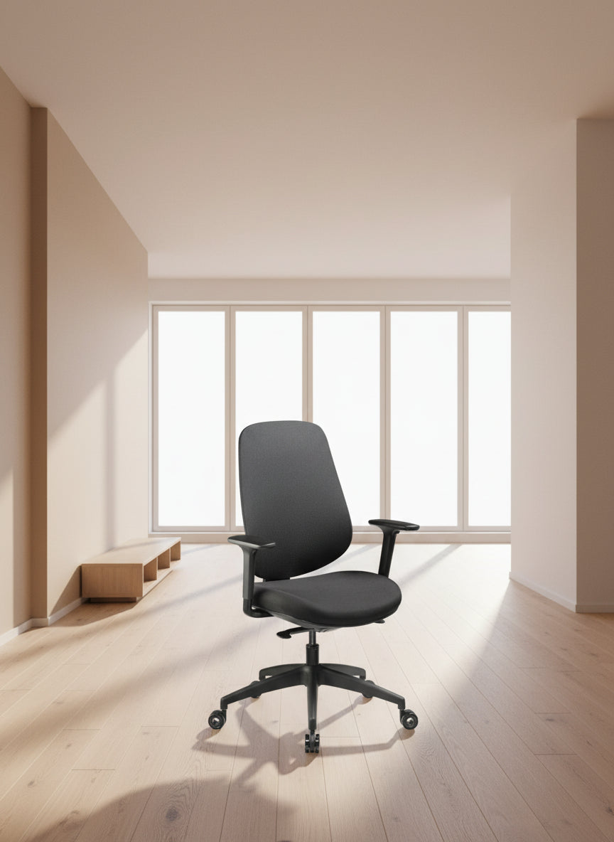 Black office chair with adjustable arms on a white background
