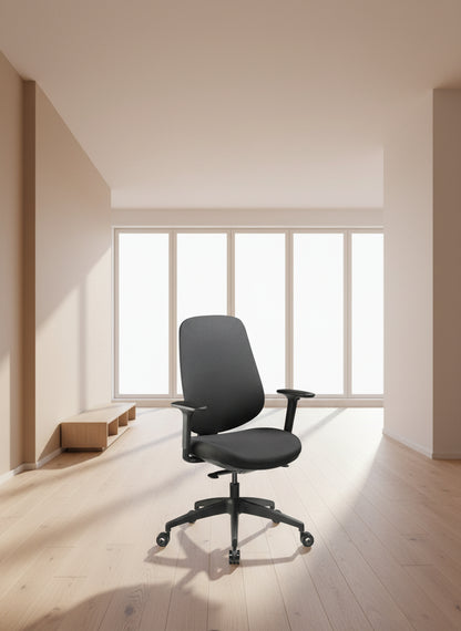 Black office chair with adjustable arms on a white background