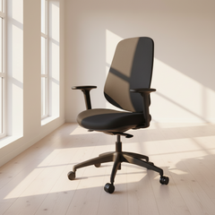 Jasper J Airform Black office chair in a bright room with large windows 