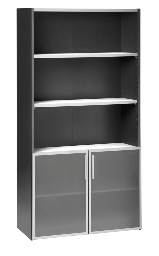 EMERGE OFFICE STORAGE CUPBOARD IRONSTONE FRAME WITH WHITE SHELVES AND 2 HALF HEIGHT GLASS DOORS COVERING THE TWO LOWER SHELVES