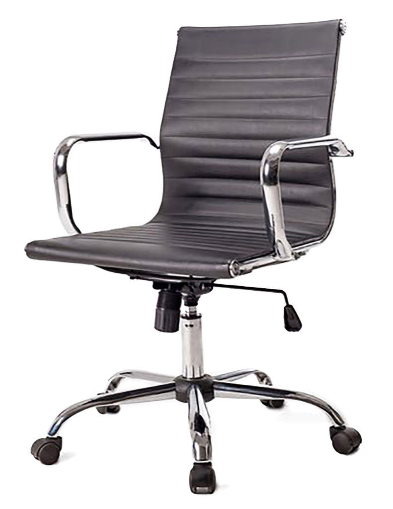 Replica home office chair in Black with Star Base PU, chrome armrest, tilting mech class 3 gas lift Chrome base W550 x D600 x H890-940 MM
