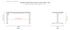Emerge Single Motor Electric Desk 1500 x 750 dimension drawing, all dimensions mm