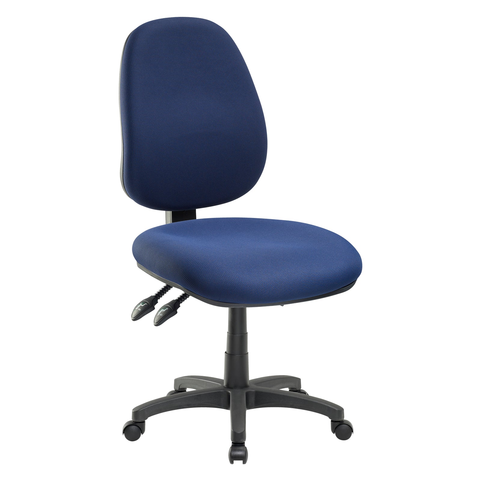 A Navy Blue, foam high-back ergonomic office chair with a contoured seat and a star base with castors. Front three quarter view.