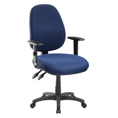 A Navy Blue-coloured, foam high-back ergonomic office chair with adjustable arms, a contoured seat and a star base with castors. Front three quarter view.