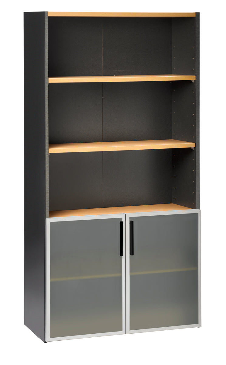 PULSE OFFICE STORAGE CUPBOARD IRONSTONE FRAME WITH BEECH SHELVES AND 2 HALF HEIGHT GLASS DOORS COVERING THE TWO LOWER SHELVES