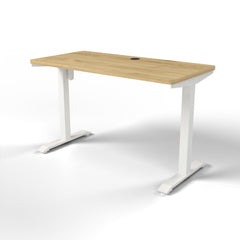 Emerge Single Motor Electric Desk 1200 x 600, Pacific Oak worktop, white frame, side view