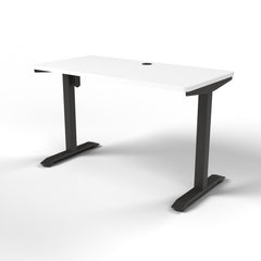 Emerge Single Motor Electric Desk 1200 x 600, white worktop, black frame, side view
