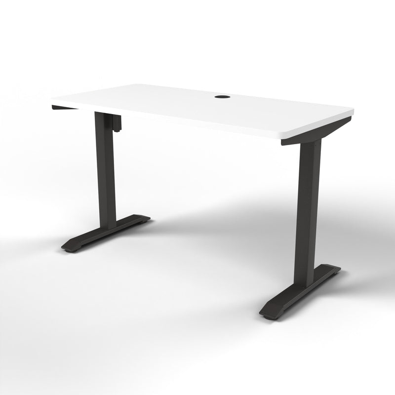 Emerge Single Motor Electric Desk 1200 x 600, white worktop, black frame, side view