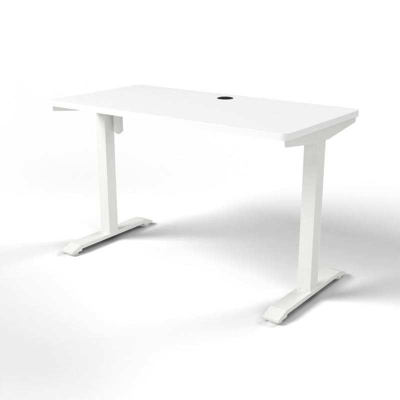 Emerge Single Motor Electric Desk 1200 x 600, white worktop, white frame, side view
