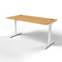 Emerge Single Motor Electric Desk 1500 x 750, beech worktop, white frame, side view