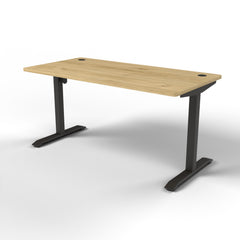 Emerge Single Motor Electric Desk 1500 x 750, Pacific Oak worktop, black frame, side view