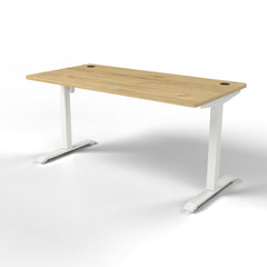 Emerge Single Motor Electric Desk 1500 x 750, Pacific Oak worktop, white frame, side view