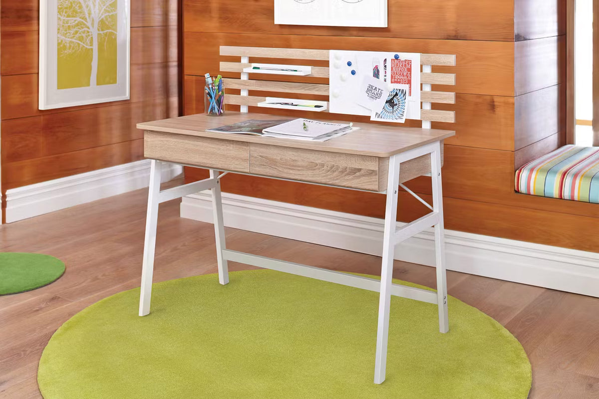 STUDENT DESK IN LIGHT OAK WITH BACKING BOARD 2 DRAWERS AND WHITE METAL LEGS