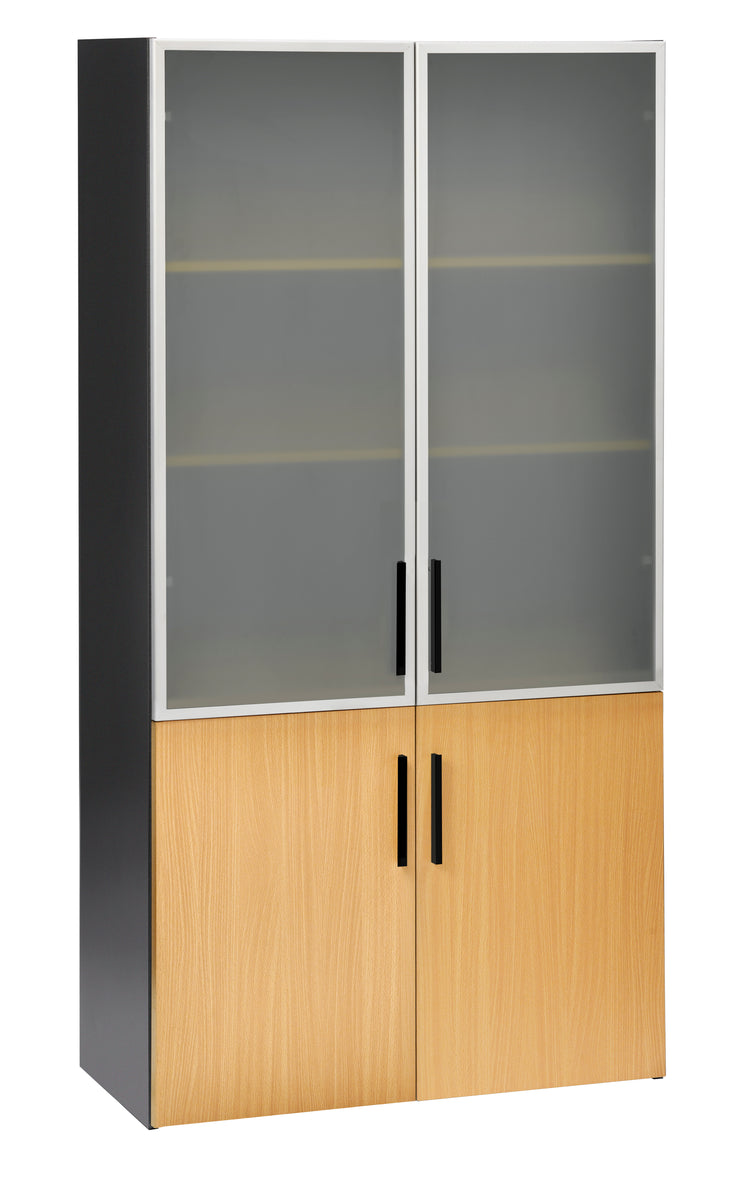 PULSE OFFICE STORAGE CUPBOARD IRONSTONE FRAME WITH BEECH WOODEN DOORS OVER TWO LOWER SHELVES AND GLASS DOORS OVER THE TOP THREE SHELVES