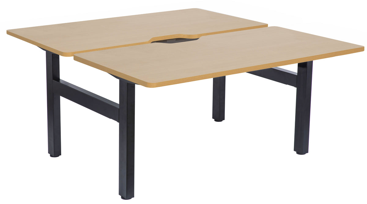 EMERGE FIXED HEIGHT BACK TO BACK DESK 1500W X 750D BLACK FRAME BEECH SCALLOP TOPS