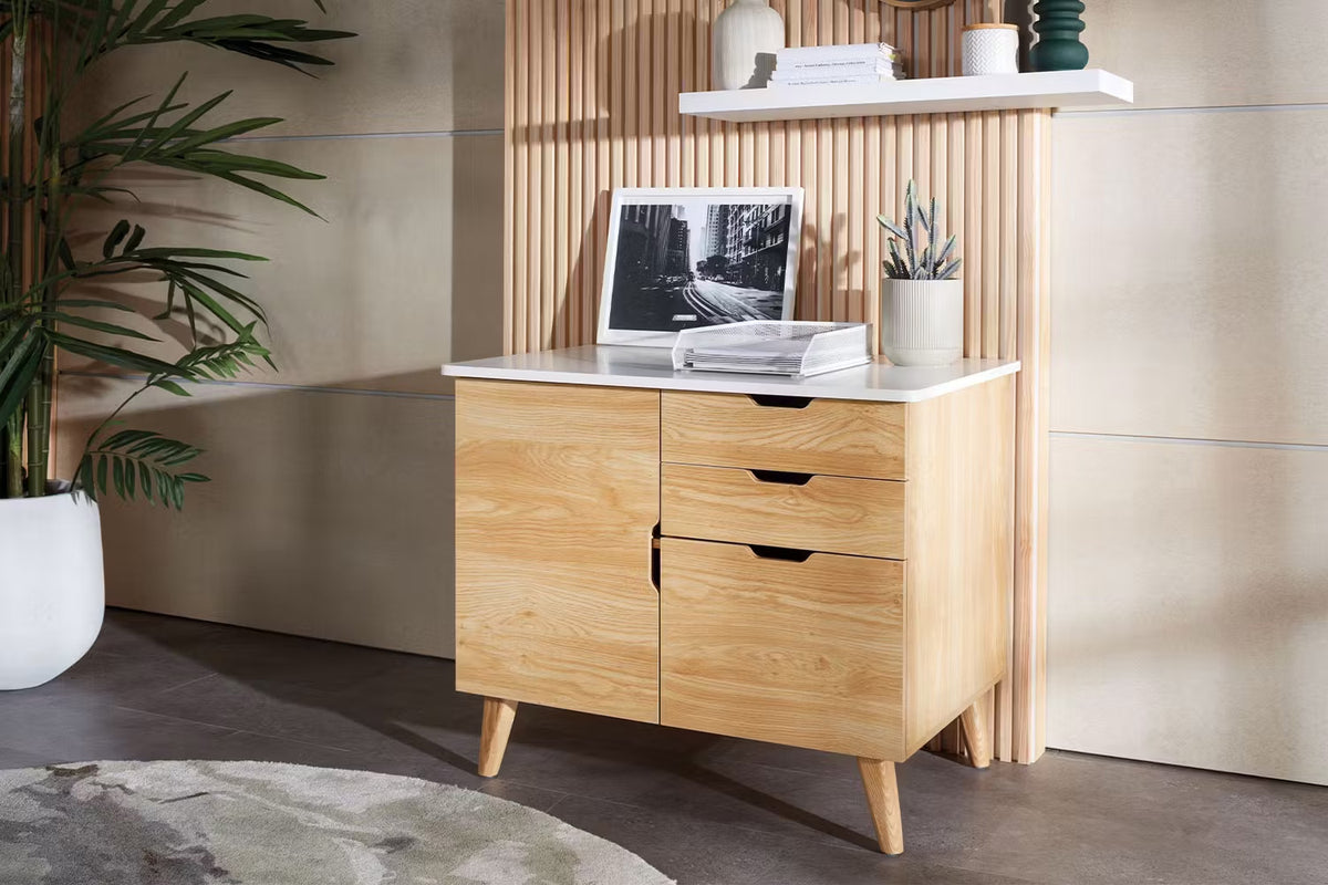 DENMARK CREDENZA WITH FILE DRAWERS AND CUPBOARD IN OAK WITH WHITE TOP 900Wx600D
