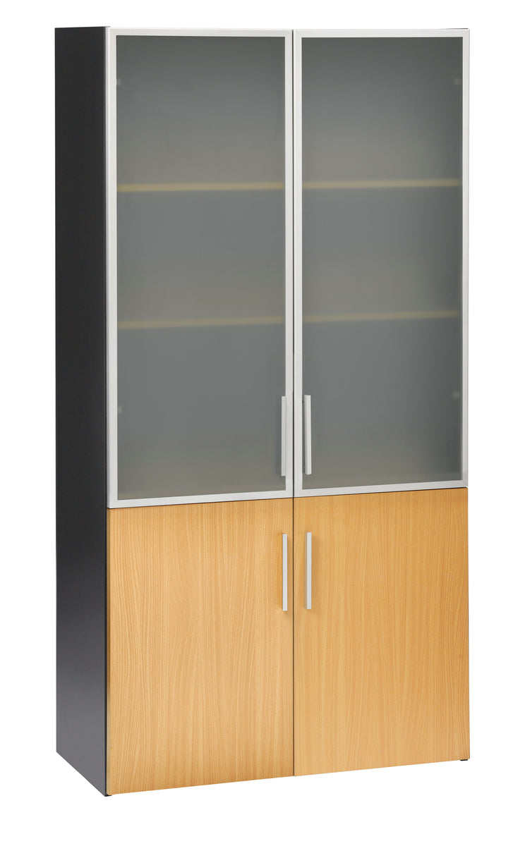 EMERGE OFFICE STORAGE CUPBOARD IRONSTONE FRAME WITH BEECH WOODEN DOORS OVER TWO LOWER SHELVES AND GLASS DOORS OVER THE TOP THREE SHELVES