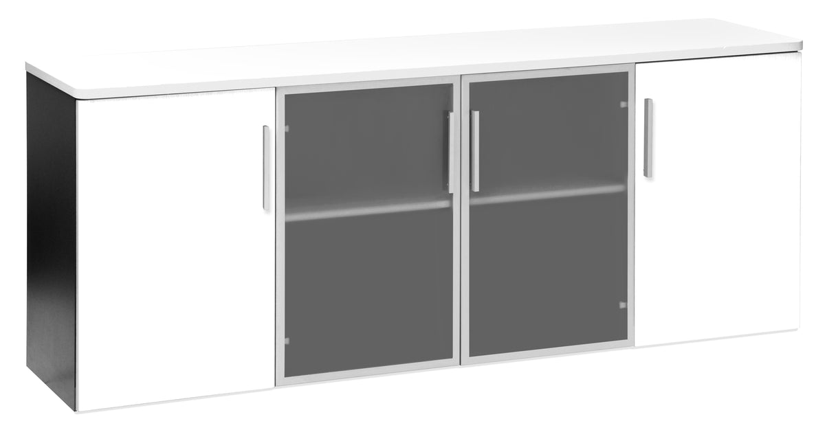 EMERGE OFFICE CREDENZA 1800Wx450D IRONSTONE FRAME WITH WHITE TOP AND 4 DOORS -  2 WHITE PLUS 2 GLASS