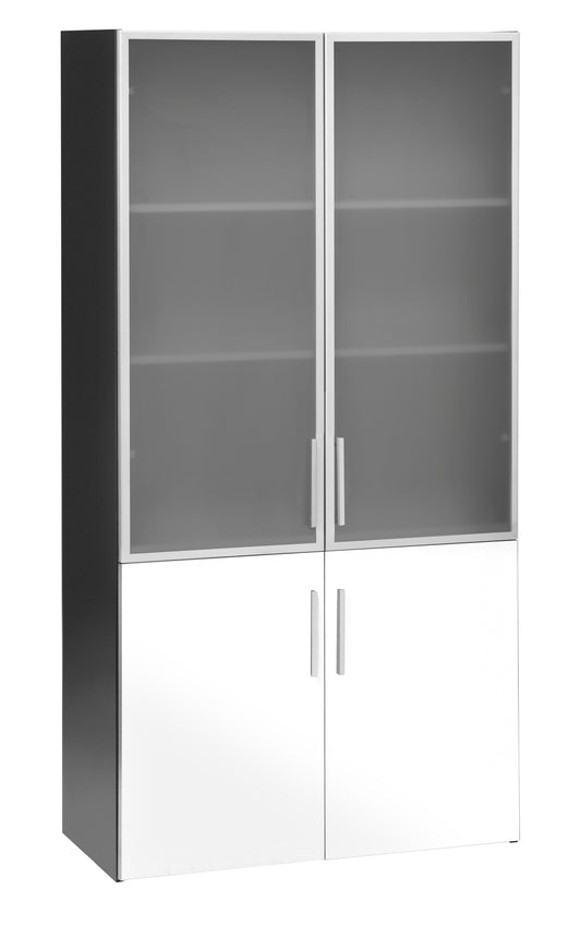 PULSE OFFICE STORAGE CUPBOARD IRONSTONE FRAME WITH WHITE WOODEN DOORS OVER TWO LOWER SHELVES AND GLASS DOORS OVER THE TOP THREE SHELVES