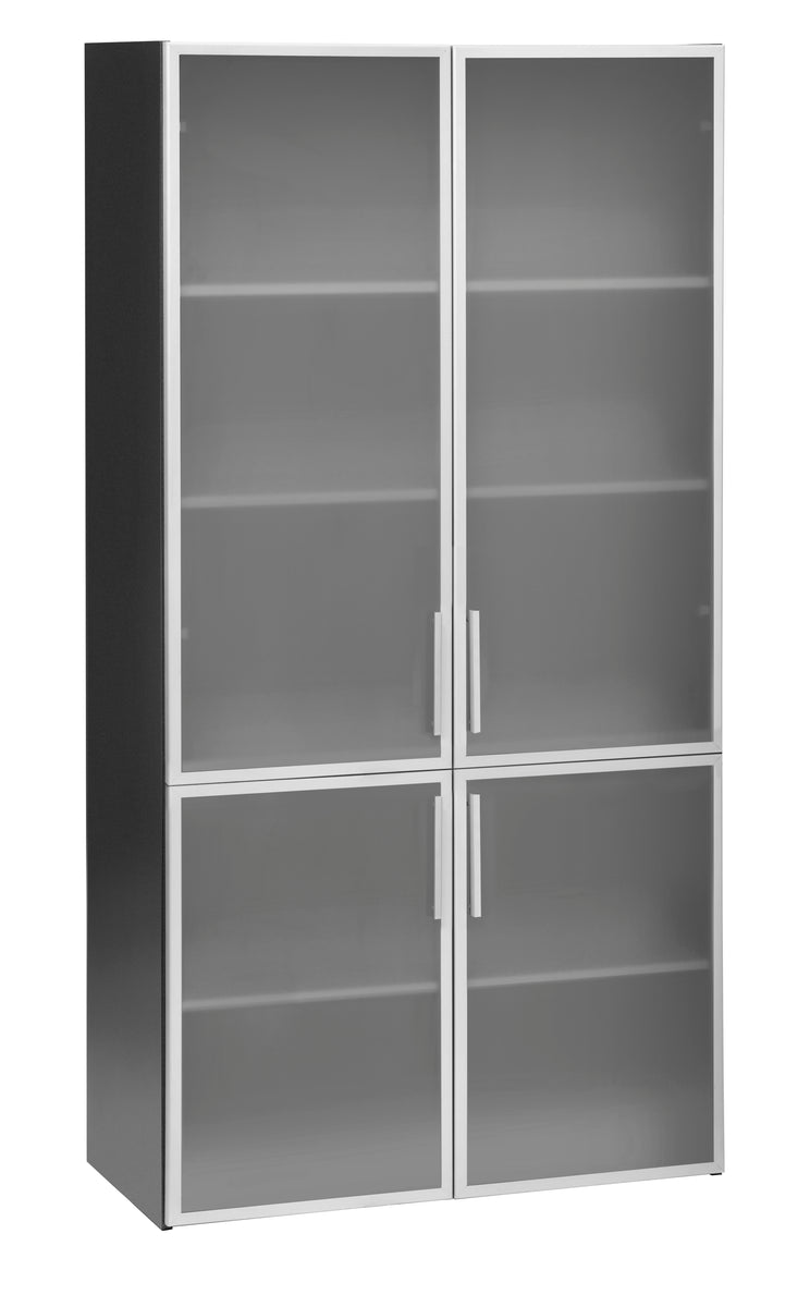 PULSE OFFICE STORAGE CUPBOARD IRONSTONE FRAME WITH WHITE SHELVES AND 4 GLASS DOORS