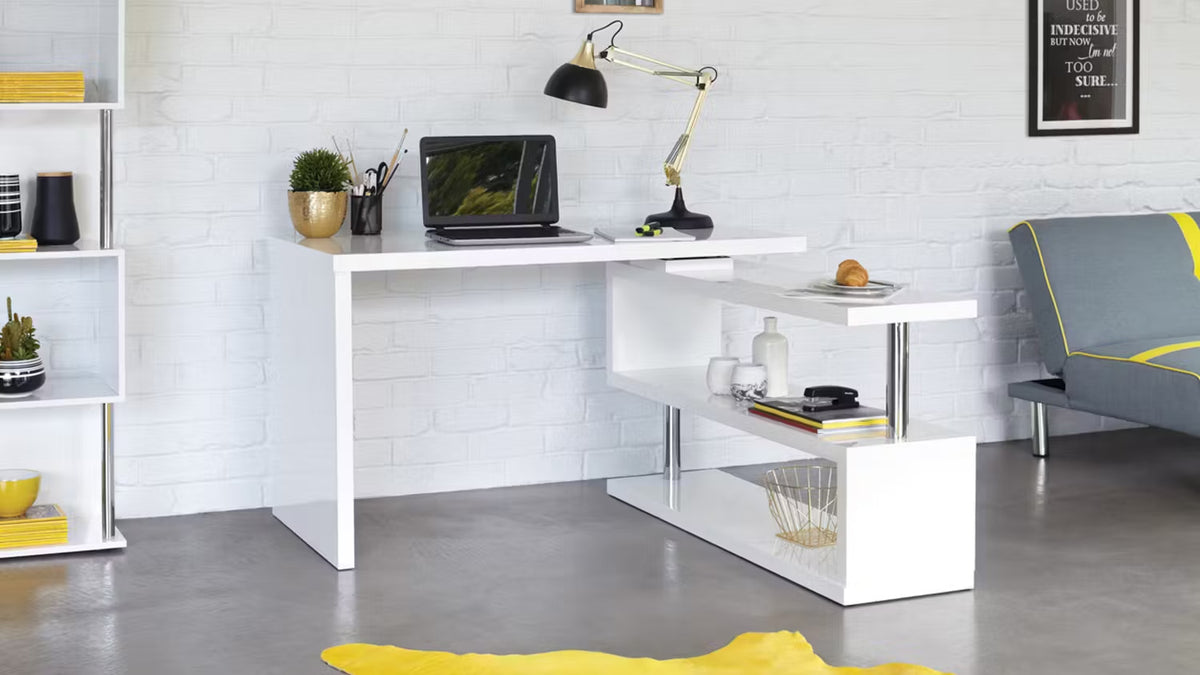 SWIVEL DESK AND RETURN WHITE WITH CHROME ACCENTS